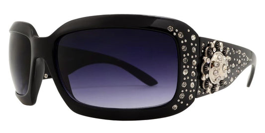 7649 - Rectangular Chunky Sunglasses with Rhinestones and Berry Concho