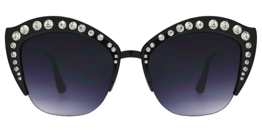 7980 BX - Half Rimmed Plastic Cat Eye Sunglasses with Flat Lens and Rhinestones