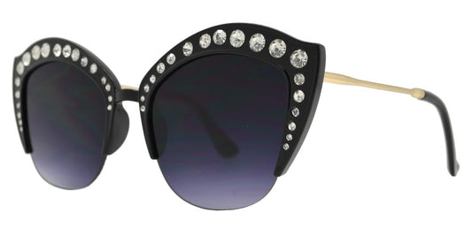 7980 BX - Half Rimmed Plastic Cat Eye Sunglasses with Flat Lens and Rhinestones